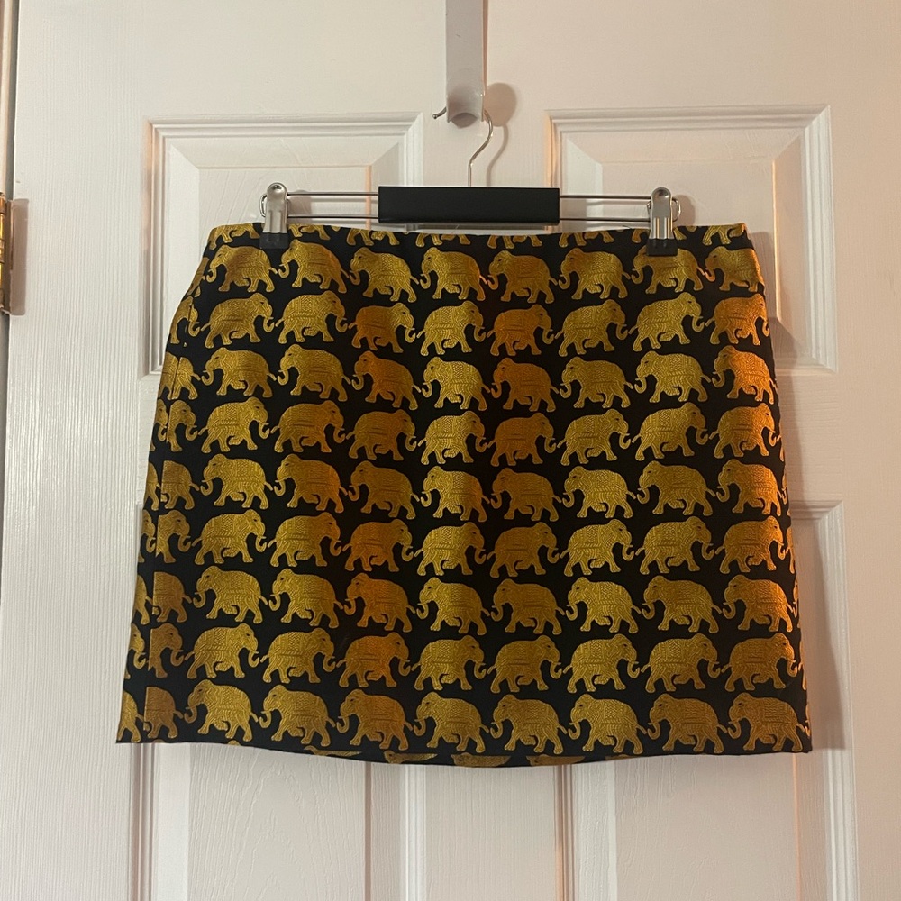 J. Crew Black and Gold Elephant Jacquard Mini Skirt
